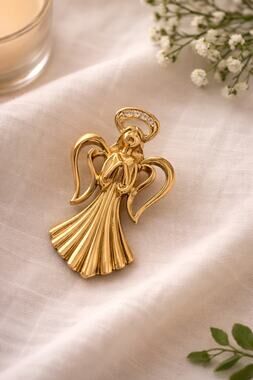 Gold Tone Angel Brooch Pin Rhinestone Halo Vintage Style Guardian Angel Gift